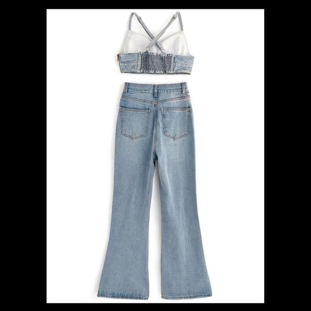 デニムセットアップ ミニ丈ビスチェトップス×ハイウエスト微フレアパンツ 華奢見え上下セット