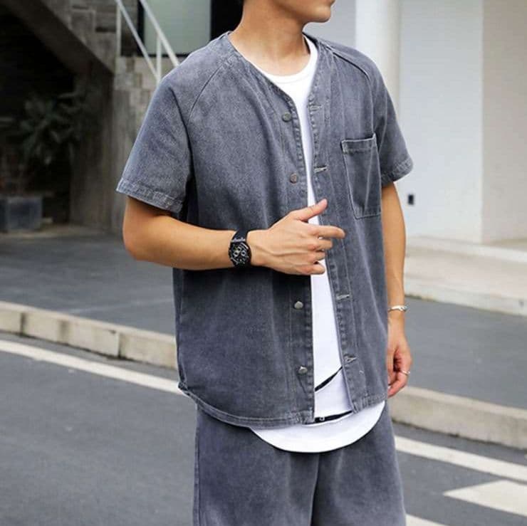 デニムセットアップ 半袖シャツジャケット×ハーフパンツ メンズ夏向け ヴィンテージ風2点セット