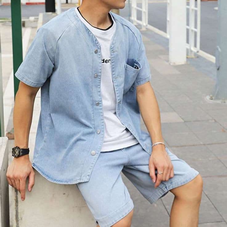 デニムセットアップ 半袖シャツジャケット×ハーフパンツ メンズ夏向け ヴィンテージ風2点セット