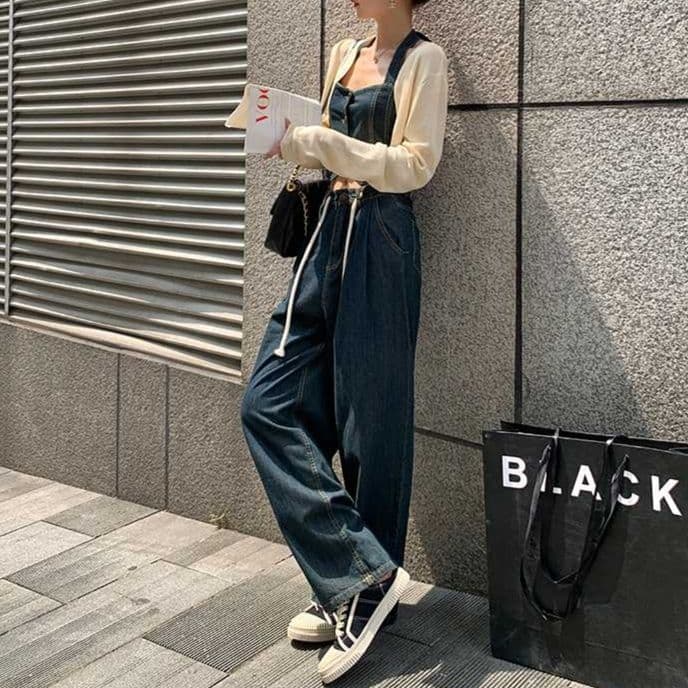 カーディガン・ボタンデザインデニムビスチェ・ワイドストレートパンツ 大人フェミニンセットアップ（3点別売り）