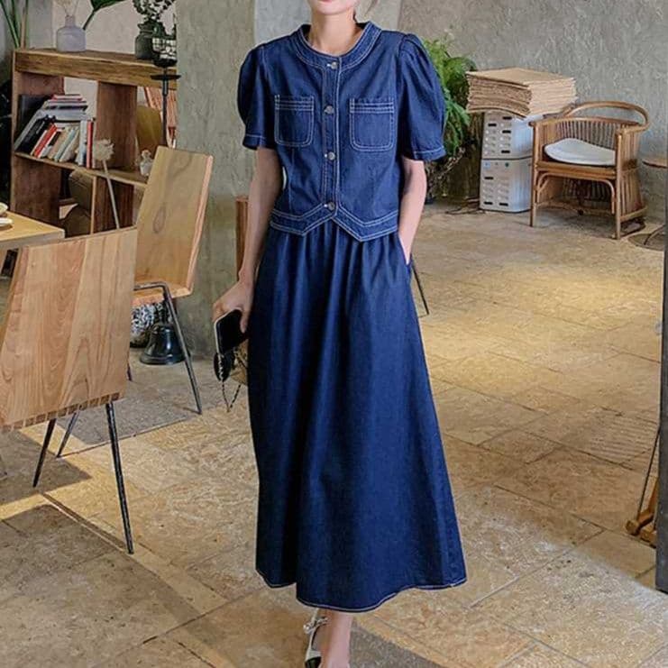 デニムセットアップ パフスリーブ半袖ジャケット＆フレアロングスカート 大人可愛いフェミカジツーピースセット