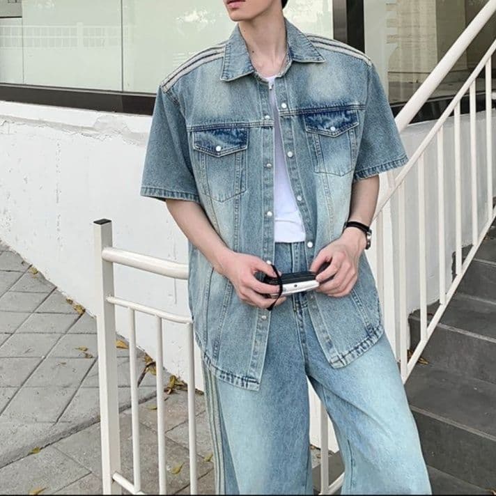 ストライプ風ゆったり半袖シャツジャケット・デニムワイドパンツ メンズ向け 個性派レトロウォッシュセットアップ（上下別売り）