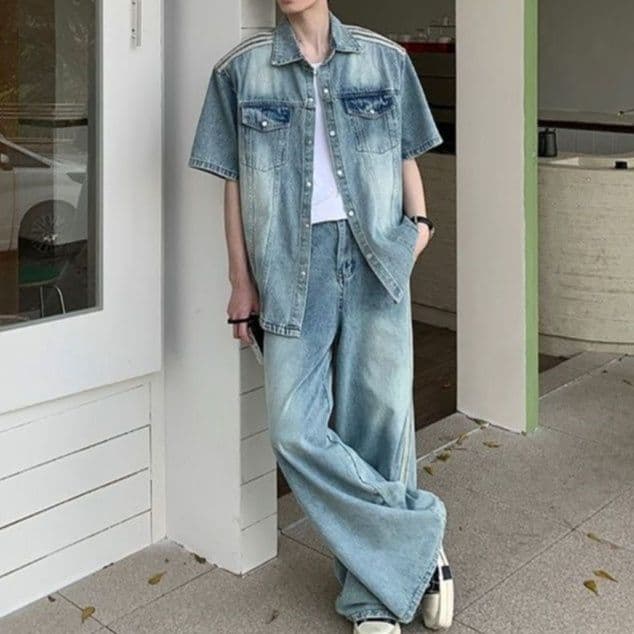 ストライプ風ゆったり半袖シャツジャケット・デニムワイドパンツ メンズ向け 個性派レトロウォッシュセットアップ（上下別売り）