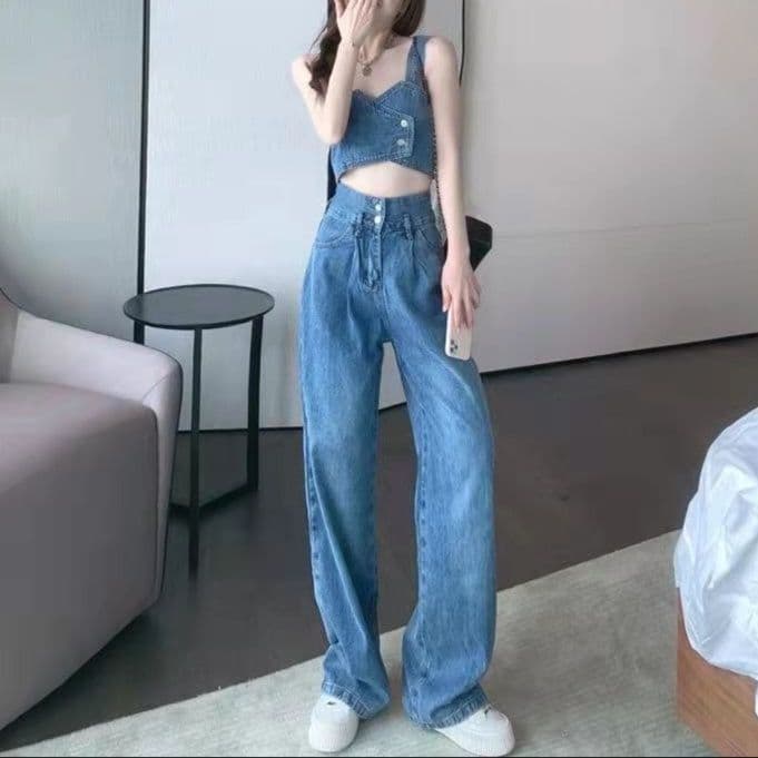 デニムセットアップ ハートネックビスチェとワイドデニムパンツのフェミカジ二点セット