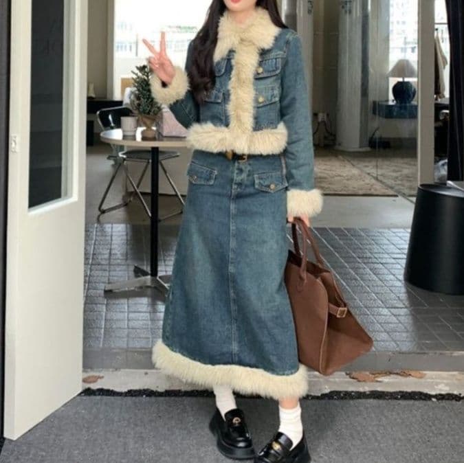 デニムセットアップ ファー付きショートジャケット×タイトロング＆ミニスカート あったか冬映え甘辛MIX2点セット