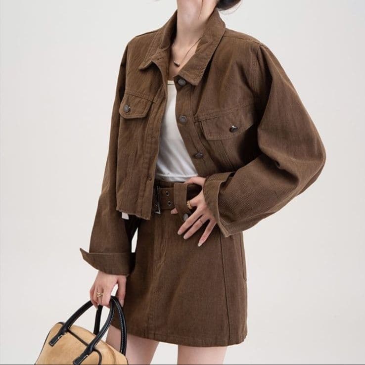 ショートジャケット＆タイトミニスカート きれいめブラウン/ブラックデニムセットアップ