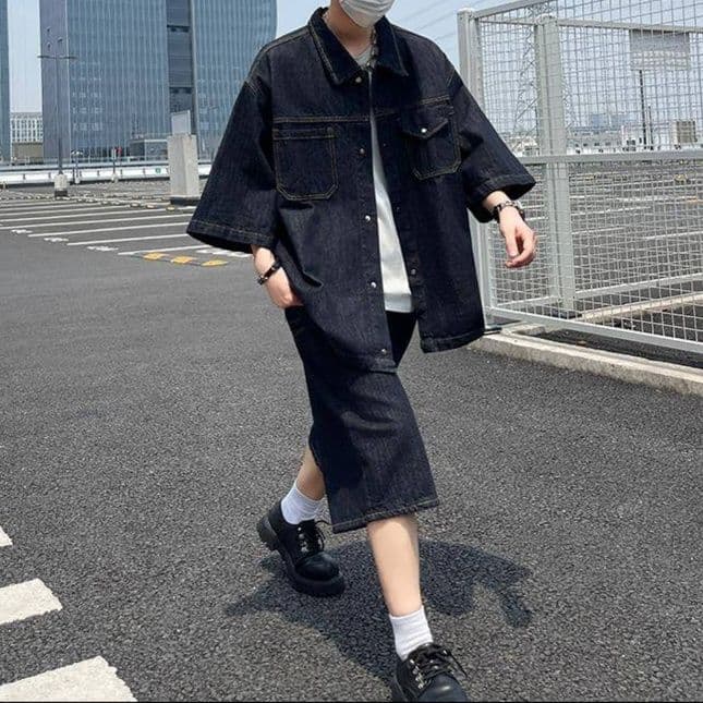 ダークデニムセットアップ オーバーサイズ七分袖シャツ×ワイドハーフパンツ メンズ向け リラックス2点セット