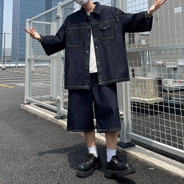 ダークデニムセットアップ オーバーサイズ七分袖シャツ×ワイドハーフパンツ メンズ向け リラックス2点セット