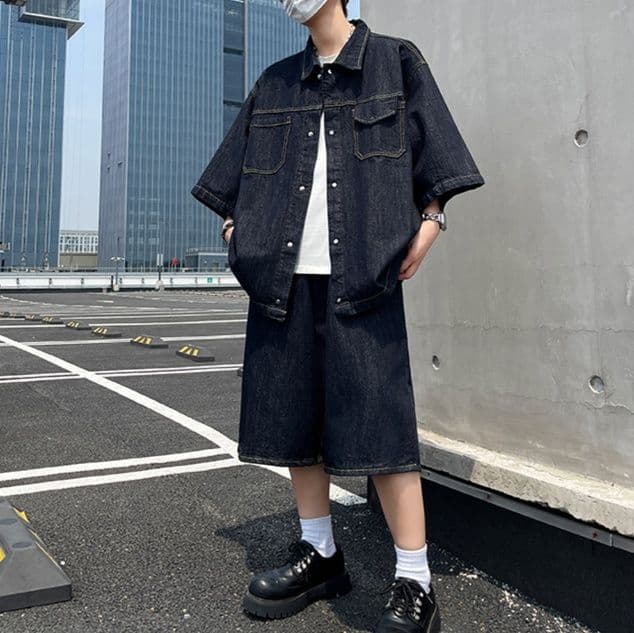 ダークデニムセットアップ オーバーサイズ七分袖シャツ×ワイドハーフパンツ メンズ向け リラックス2点セット