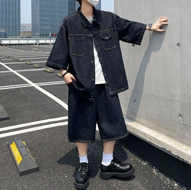 ダークデニムセットアップ オーバーサイズ七分袖シャツ×ワイドハーフパンツ メンズ向け リラックス2点セット