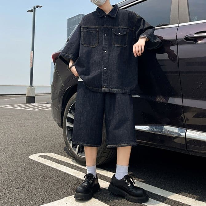 ダークデニムセットアップ オーバーサイズ七分袖シャツ×ワイドハーフパンツ メンズ向け リラックス2点セット