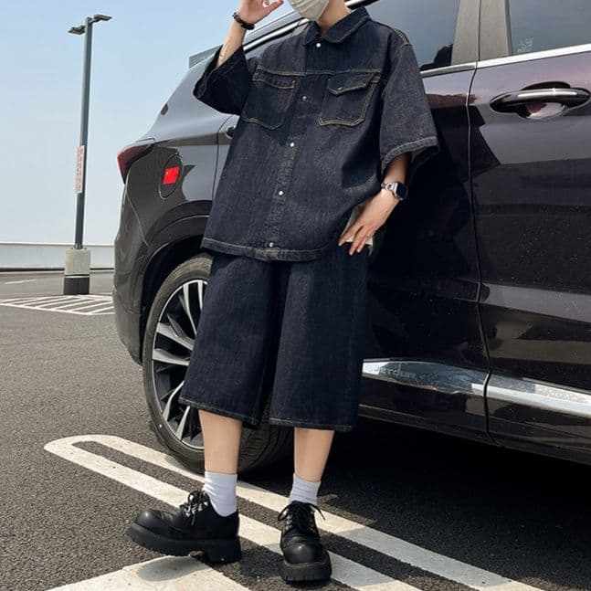 ダークデニムセットアップ オーバーサイズ七分袖シャツ×ワイドハーフパンツ メンズ向け リラックス2点セット