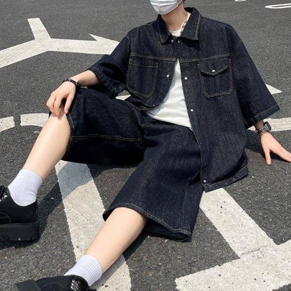 ダークデニムセットアップ オーバーサイズ七分袖シャツ×ワイドハーフパンツ メンズ向け リラックス2点セット