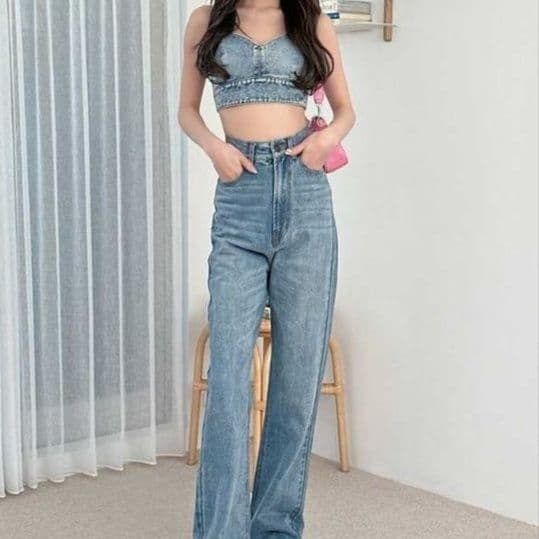 デニムセットアップ ミニ丈ビスチェトップス×ハイウエスト微フレアパンツ 華奢見え上下セット