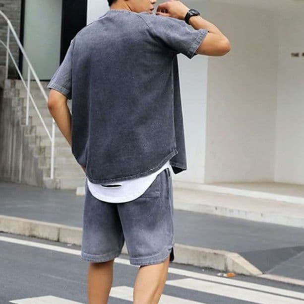 デニムセットアップ 半袖シャツジャケット×ハーフパンツ メンズ夏向け ヴィンテージ風2点セット