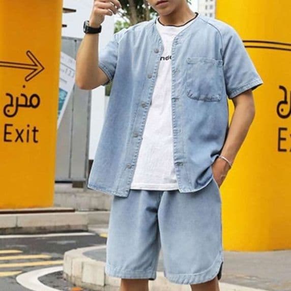 デニムセットアップ 半袖シャツジャケット×ハーフパンツ メンズ夏向け ヴィンテージ風2点セット