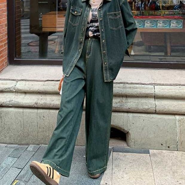 デニムセットアップ ゆったりシャツジャケット×ワイドパンツ 大人可愛いレトロ風2点セット