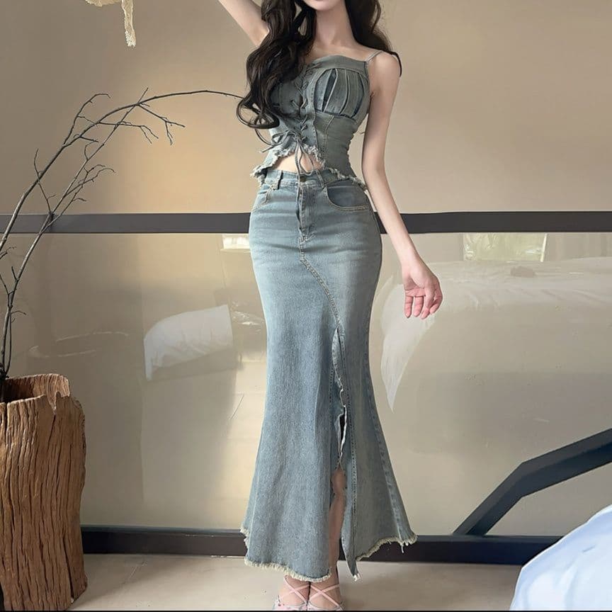 デニムセットアップ 紐付きキャミトップ＋マーメイドスカート レトロフェミニンセット