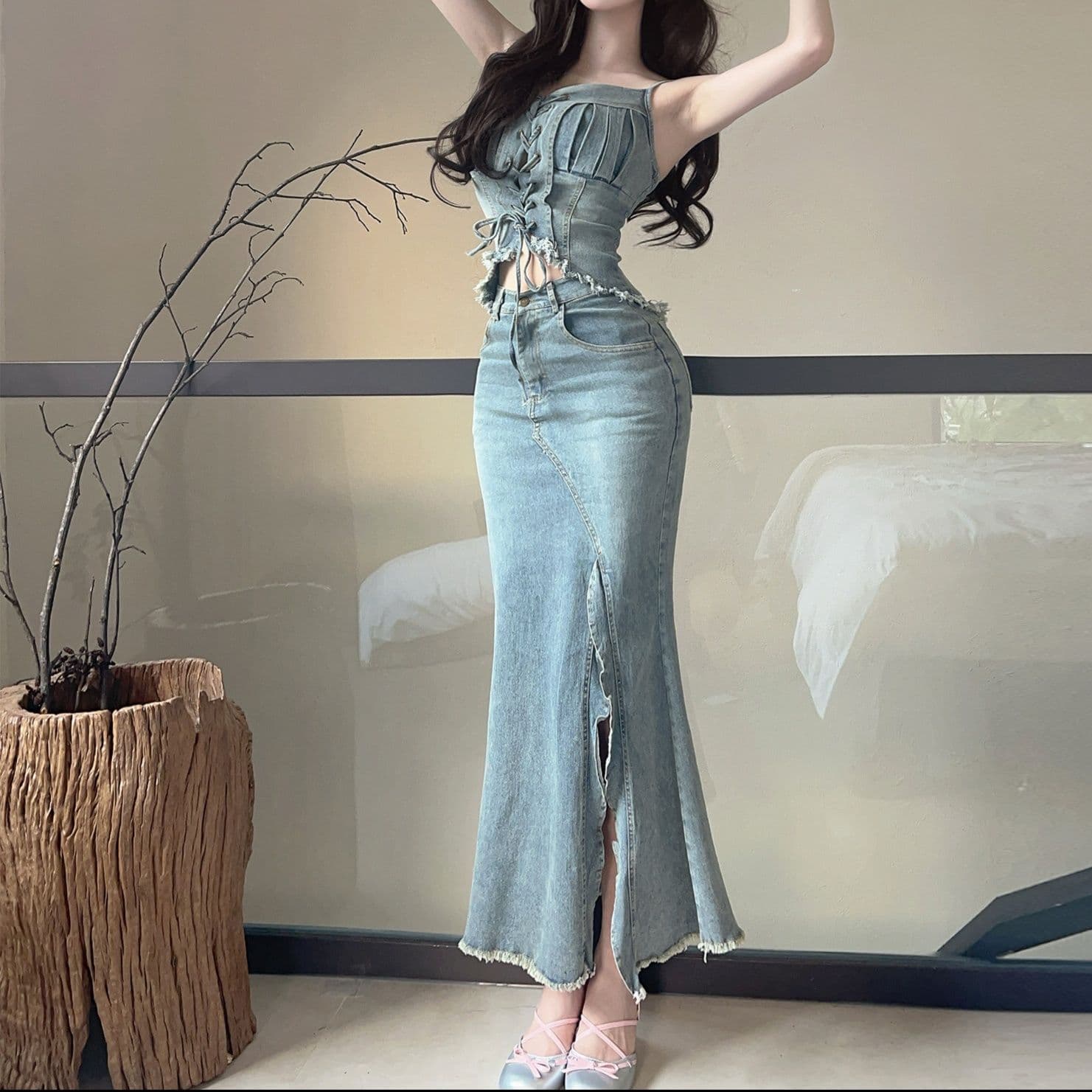 デニムセットアップ 紐付きキャミトップ＋マーメイドスカート レトロフェミニンセット