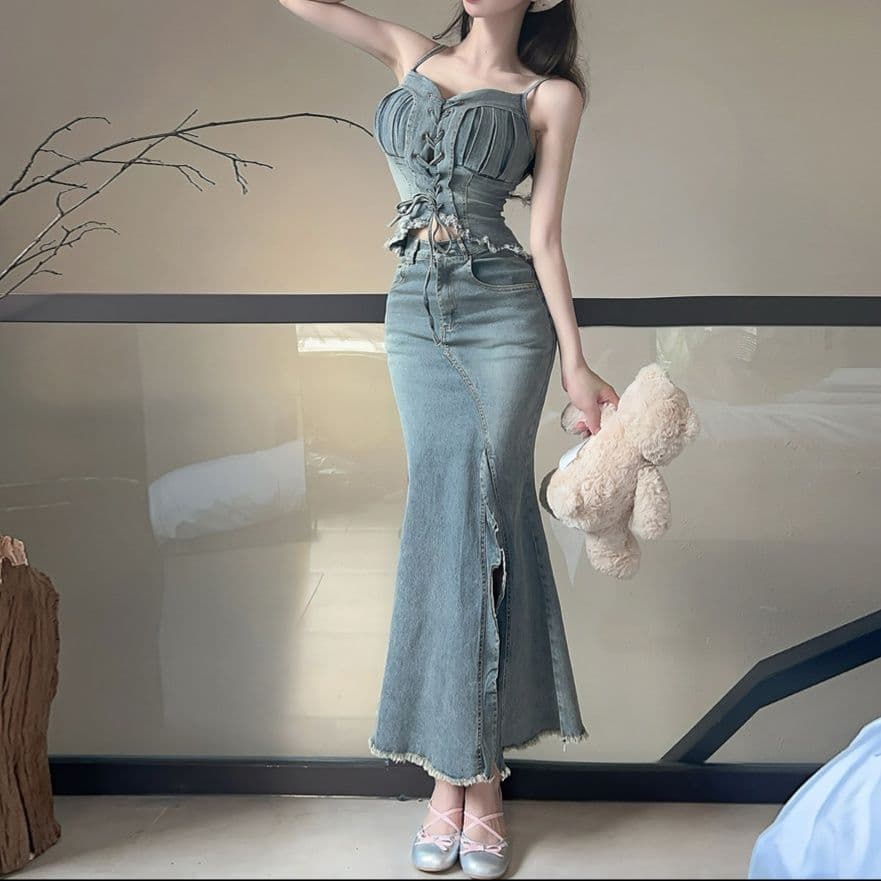 デニムセットアップ 紐付きキャミトップ＋マーメイドスカート レトロフェミニンセット