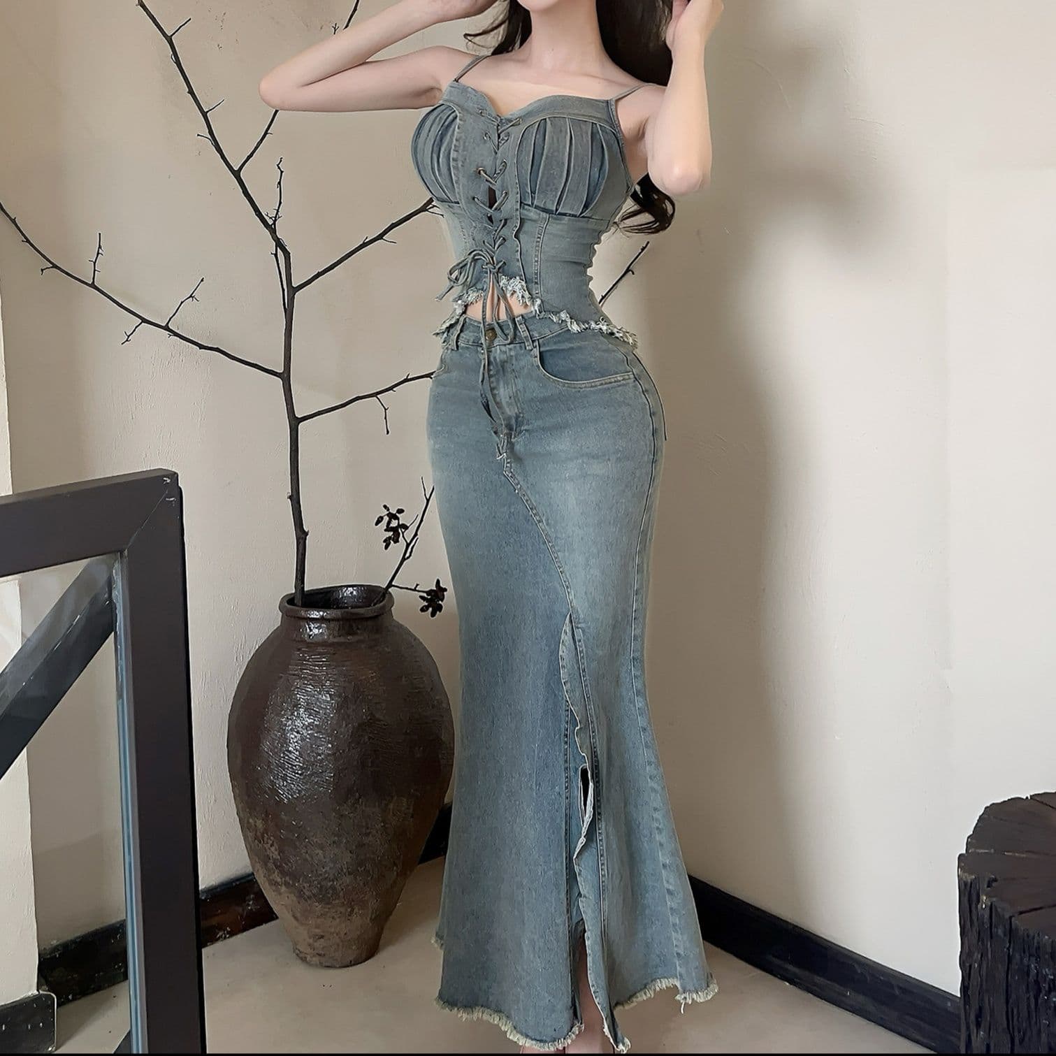 デニムセットアップ 紐付きキャミトップ＋マーメイドスカート レトロフェミニンセット