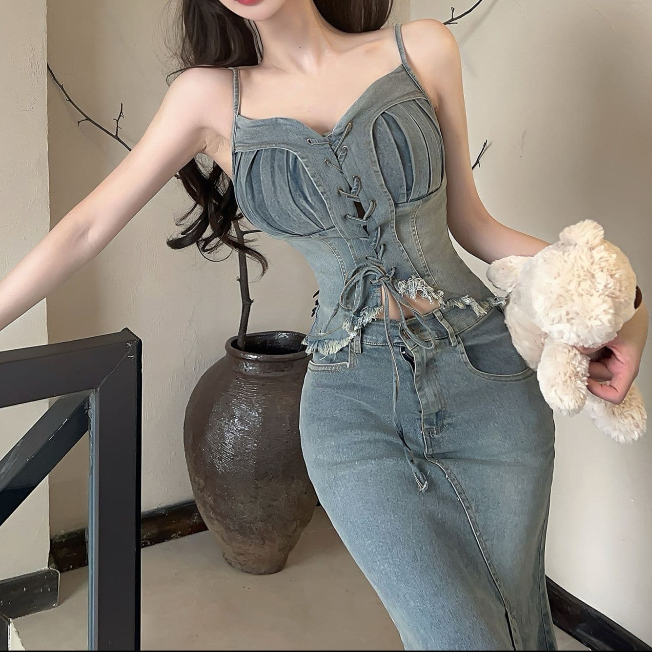 デニムセットアップ 紐付きキャミトップ＋マーメイドスカート レトロフェミニンセット