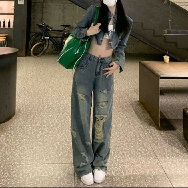 デニムセットアップ ダメージ加工クロップドジャケット×ワイドロングパンツ 香港ストリート風 甘辛華奢見え2点セット