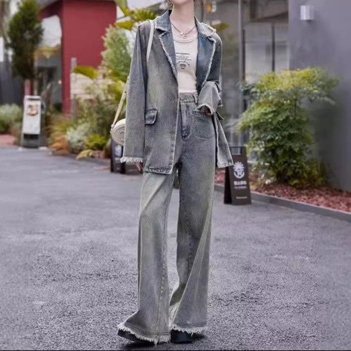 オーバーサイズテーラードデニムジャケット＆ワイドパンツ ヴィンテージ風 大人カジュアルセットアップ