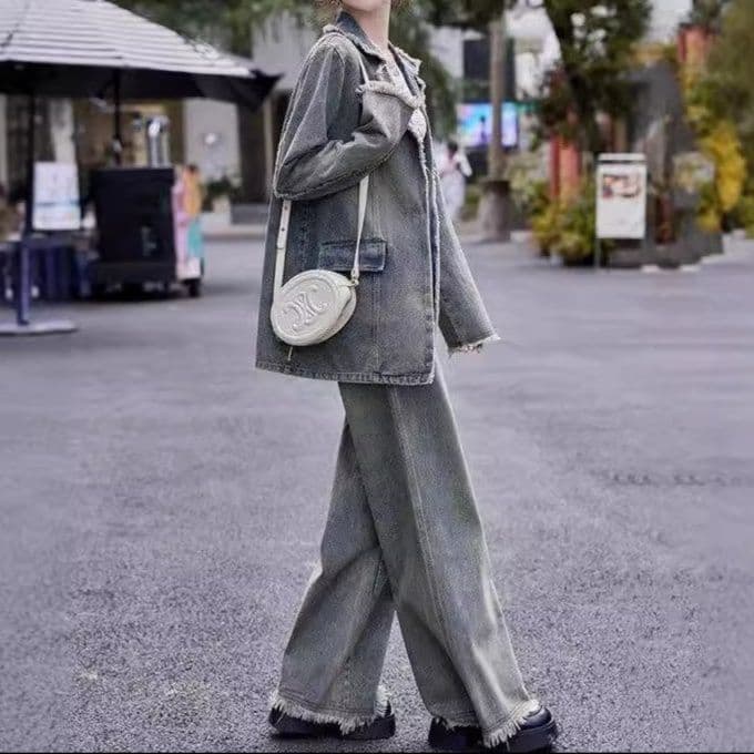 オーバーサイズテーラードデニムジャケット＆ワイドパンツ ヴィンテージ風 大人カジュアルセットアップ