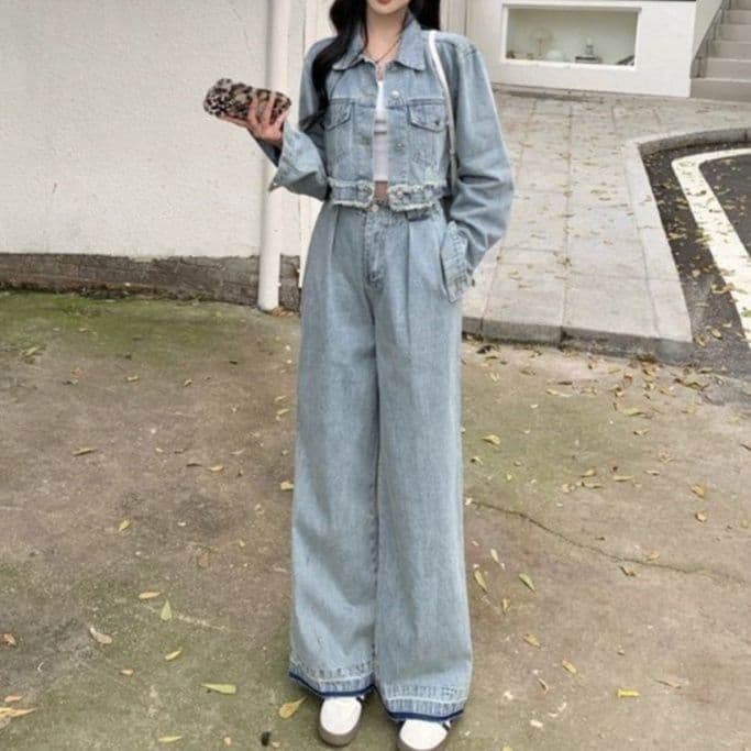 フリンジデニムショートジャケット＆ハイウエストワイドパンツ ゆるかわ韓国風 細見えセットアップ（上下別売り）