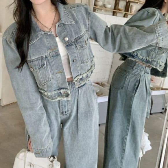 フリンジデニムショートジャケット＆ハイウエストワイドパンツ ゆるかわ韓国風 細見えセットアップ（上下別売り）