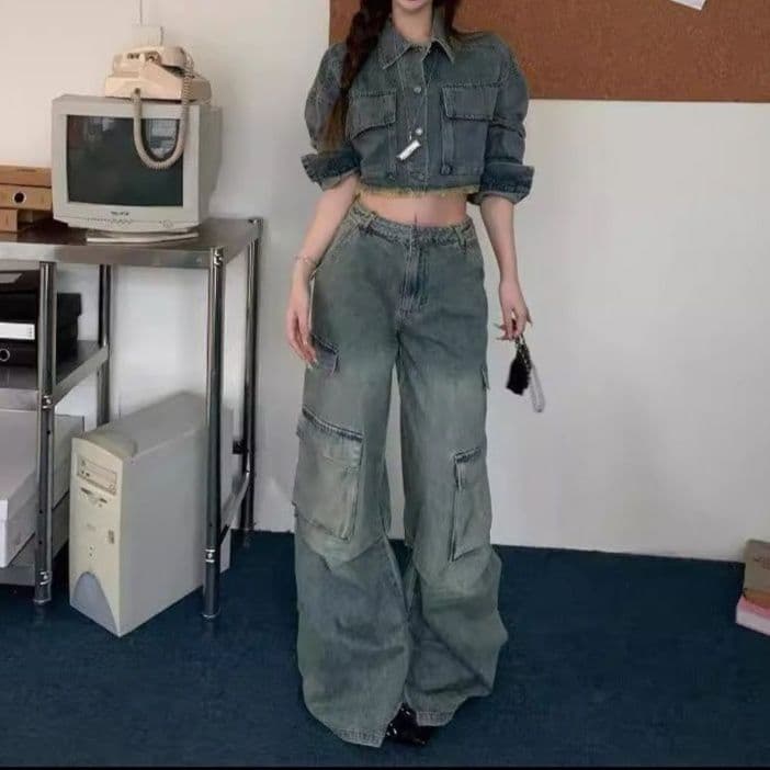 カットオフデニムクロップドジャケット×ストレートワイドパンツ ワークテイスト ヴィンテージ風Y2Kセットアップ（上下別売り）