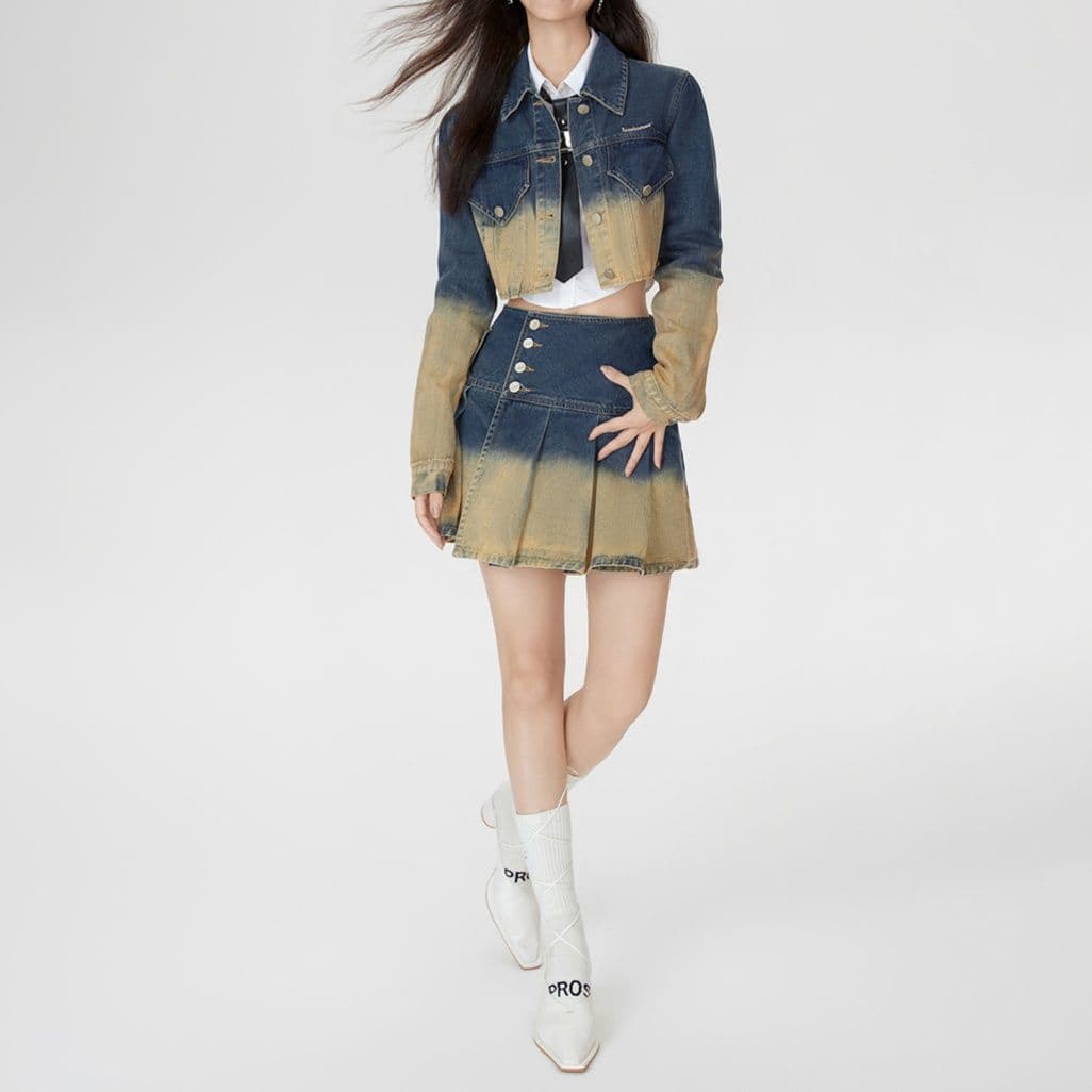 デニムセットアップ グラデーションクロップド丈ジャケット×プリーツミニスカート 韓国系甘辛MIX上下セット