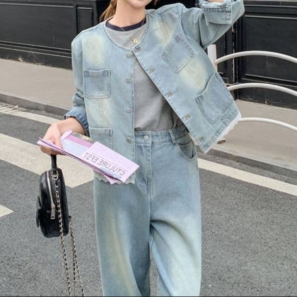 デニムセットアップ レース装飾ノーカラージャケット・ワイドパンツ 小柄さん向け ゆる可愛い レトロフェミニンツーピースセット
