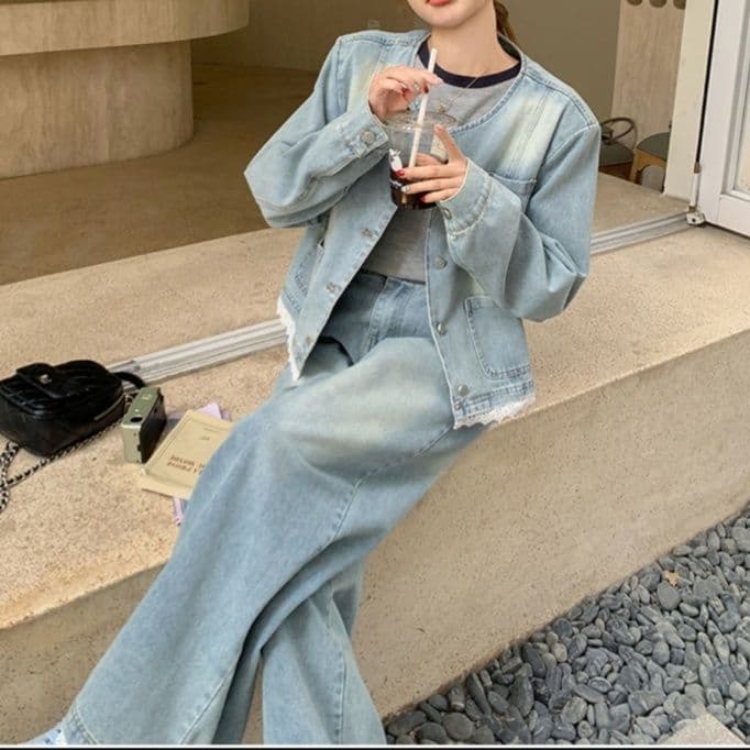 デニムセットアップ レース装飾ノーカラージャケット・ワイドパンツ 小柄さん向け ゆる可愛い レトロフェミニンツーピースセット
