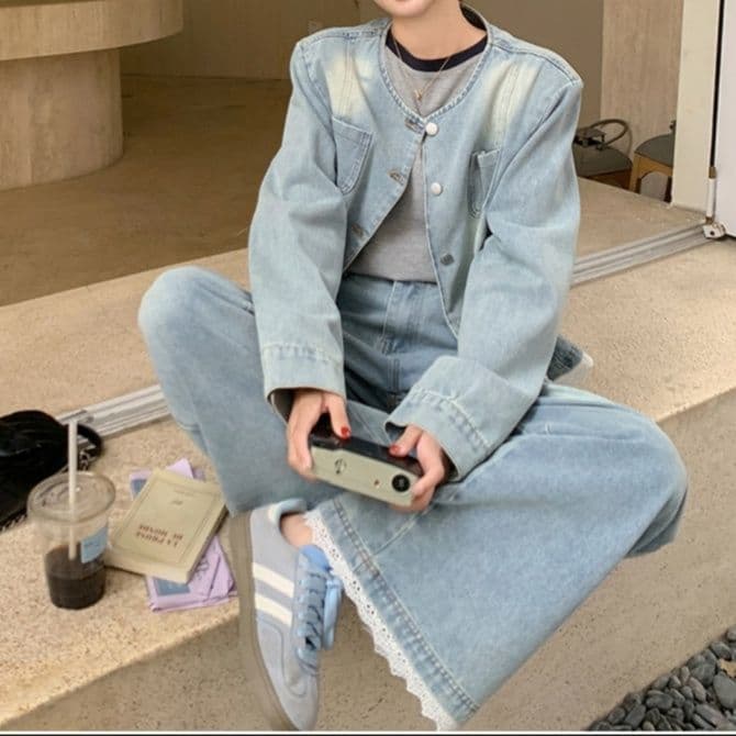 デニムセットアップ レース装飾ノーカラージャケット・ワイドパンツ 小柄さん向け ゆる可愛い レトロフェミニンツーピースセット