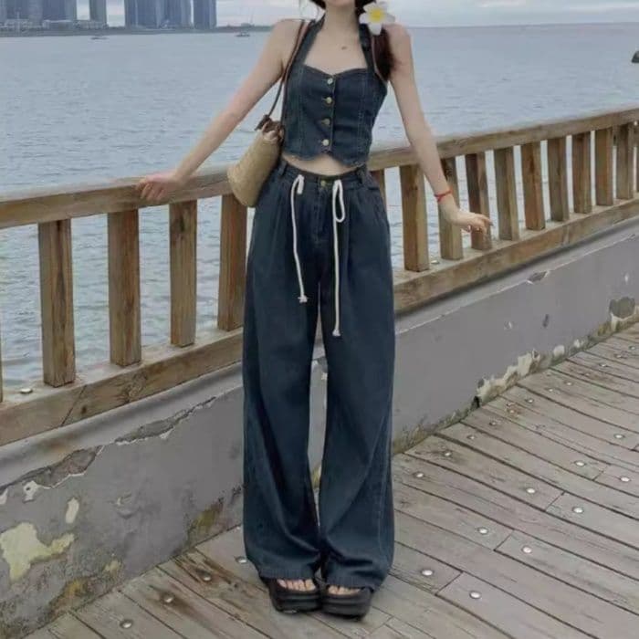 デニムセットアップ フロントボタンビスチェトップス・ゆったりワイドパンツ きれいめレトロカジュアル上下セット