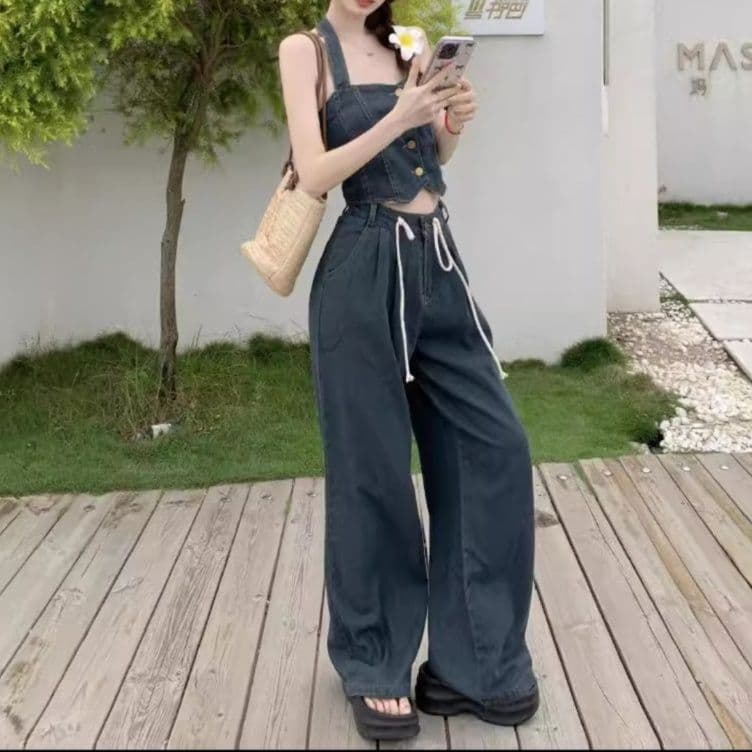 デニムセットアップ フロントボタンビスチェトップス・ゆったりワイドパンツ きれいめレトロカジュアル上下セット