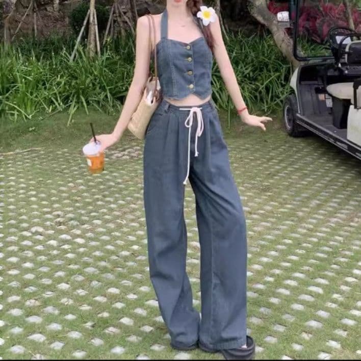 デニムセットアップ フロントボタンビスチェトップス・ゆったりワイドパンツ きれいめレトロカジュアル上下セット