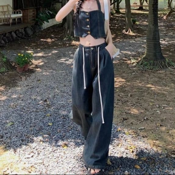 ホルターネックデニムビスチェ×ワイドデニムパンツ 夏向け 韓国風レトロカジュアルセットアップ