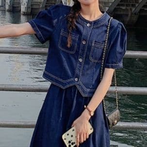 デニムセットアップ パフスリーブ半袖ジャケット＆フレアロングスカート 大人可愛いフェミカジツーピースセット