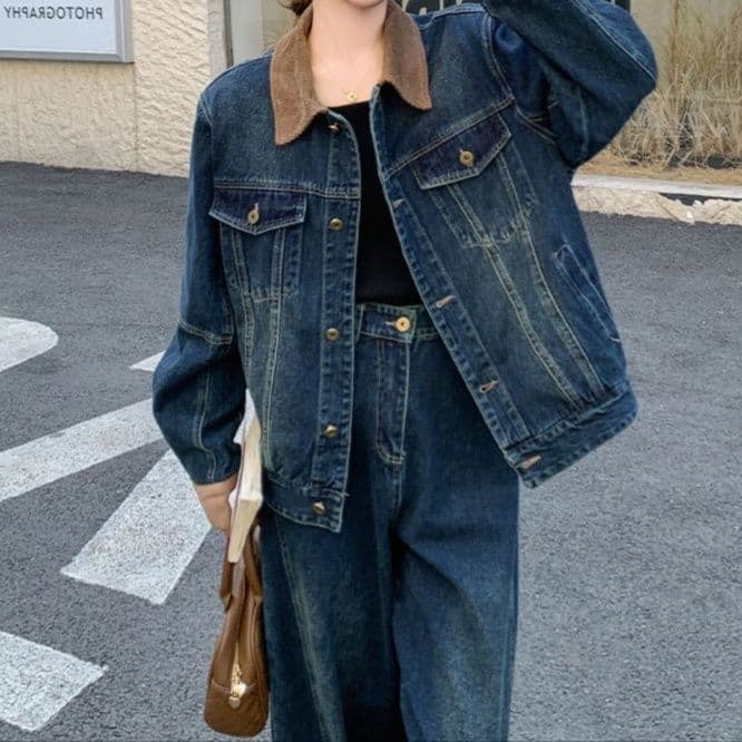 切替デザインオーバーサイズデニムジャケット＆ワイドパンツ 大人可愛いゆるカジセットアップ