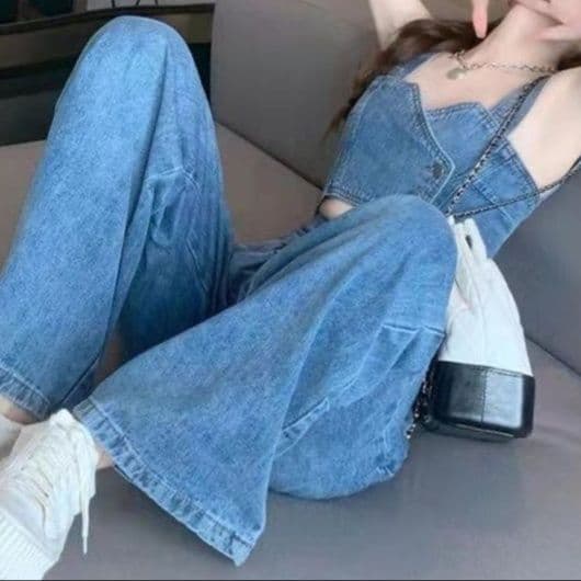 デニムセットアップ ハートネックビスチェとワイドデニムパンツのフェミカジ二点セット