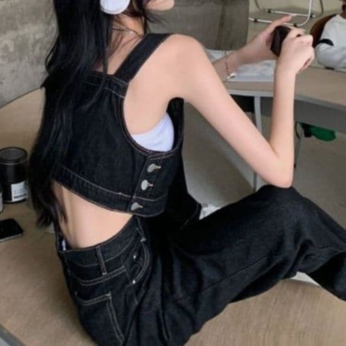 肩紐付きブラックデニムビスチェ＆ワイドシルエットパンツ 大人可愛い ストリートカジュアルセットアップ（上下別売り）