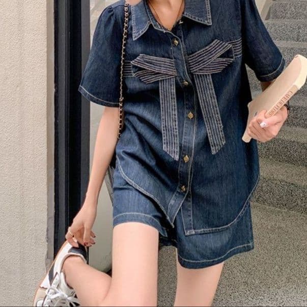 リボンデザイン半袖シャツ＆ショートパンツ きれいめフェミかわデニムセットアップ