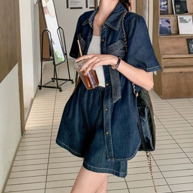 リボンデザイン半袖シャツ＆ショートパンツ きれいめフェミかわデニムセットアップ