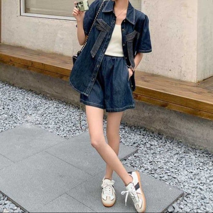 リボンデザイン半袖シャツ＆ショートパンツ きれいめフェミかわデニムセットアップ