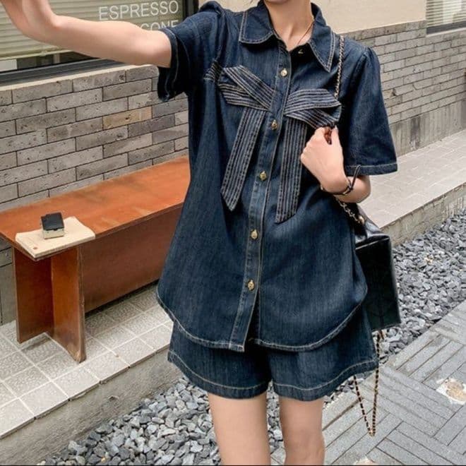 リボンデザイン半袖シャツ＆ショートパンツ きれいめフェミかわデニムセットアップ