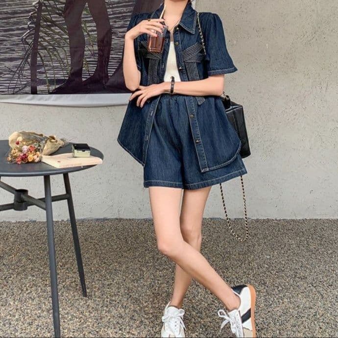 リボンデザイン半袖シャツ＆ショートパンツ きれいめフェミかわデニムセットアップ