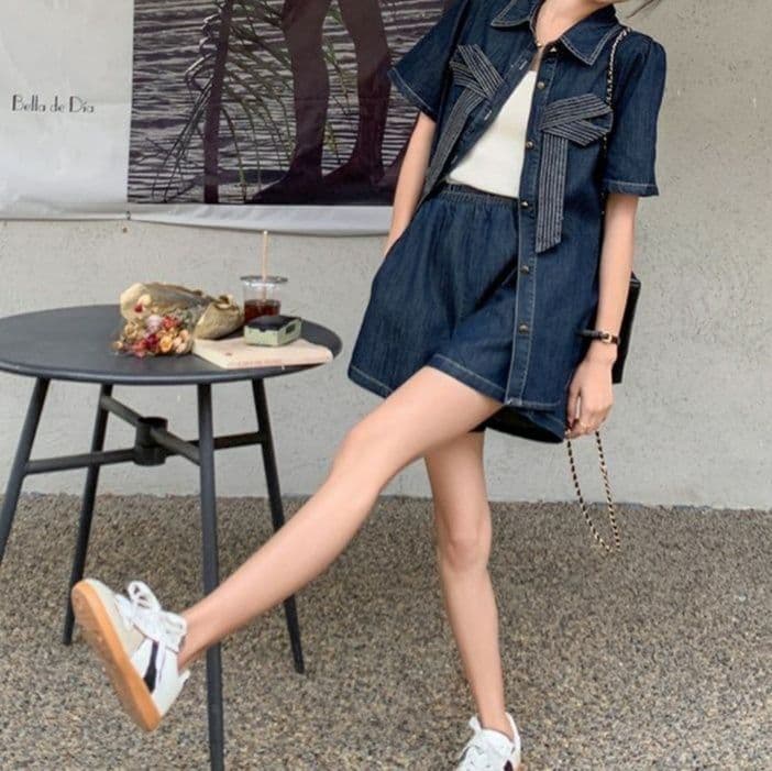リボンデザイン半袖シャツ＆ショートパンツ きれいめフェミかわデニムセットアップ